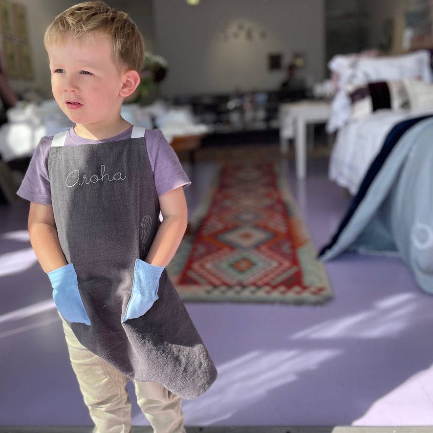 Kids Blue on Stone Grey Linen Apron