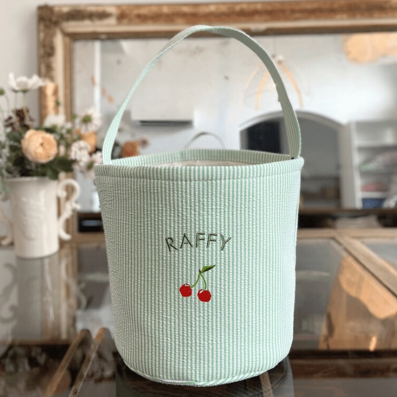 Toy Storage Seersucker Bucket with Cherries Embroidery Design